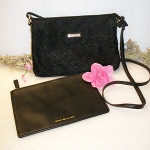 TOMMY HILFIGER Black Fabric Crossbody Bag + Faux Leather Cosmetic Bag Set NWOT
